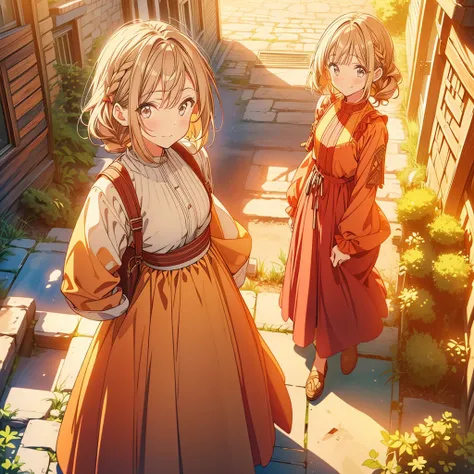 1girl,(anime coloring:1.2), best quality, looking at viewer, happy smile,short wavy hair, chestnut hair, feminine,(solid Maxi dress), (Light brown color Short sleeve Maxi dress:1.3),Medieval Europe,Ancient Village,((Fantasy)),900s AD,lively square,