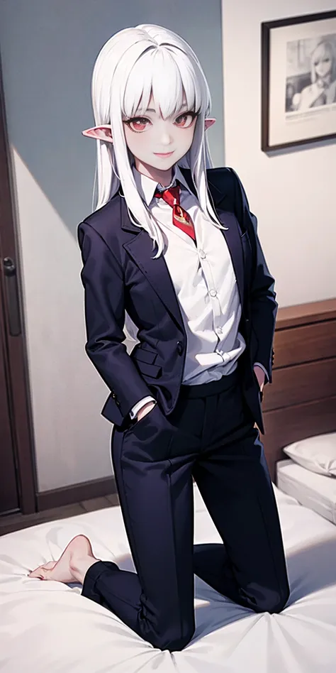 female with blue skin, white hair, red ayes, pointy ears, hyper realistic, Ultra detail, high res, 1girl, solo, standing, flat chest, suit, business suit, close-up, smile, arms at sides inside pockets, kneeling on bed (on her knees) bedroom background