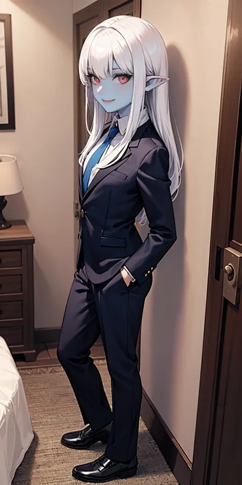 female with blue skin, white hair, red ayes, pointy ears, hyper realistic, Ultra detail, high res, 1girl, solo, standing, flat chest, suit, business suit, close-up, smile, arms at sides inside pockets, kneeling on bed (on her knees) bedroom background