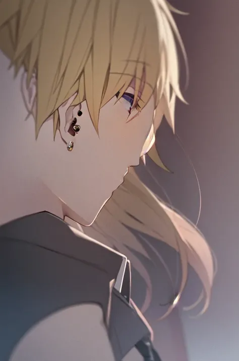 Masterpiece, best quality, 1boy, upper body, necktie, (black ear piercing), open mouth, simple backround, blonde hair, expressionless, short hair, jacket, looking at viewer, from above, floating hair