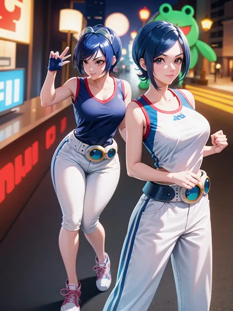 (at night), in a video game scene, a background of a beautiful city during the day raining, standing at attention, semi-short blue hair, blouse with an anime frog face, white flared pants, wearing blue fingerless exercise gloves, has round goggles on her h...