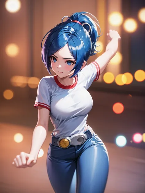 (at night), in a video game scene, a background of a beautiful city during the day raining, standing at attention, semi-short blue hair, blouse with an anime frog face, white flared pants, wearing blue fingerless exercise gloves, has round goggles on her h...