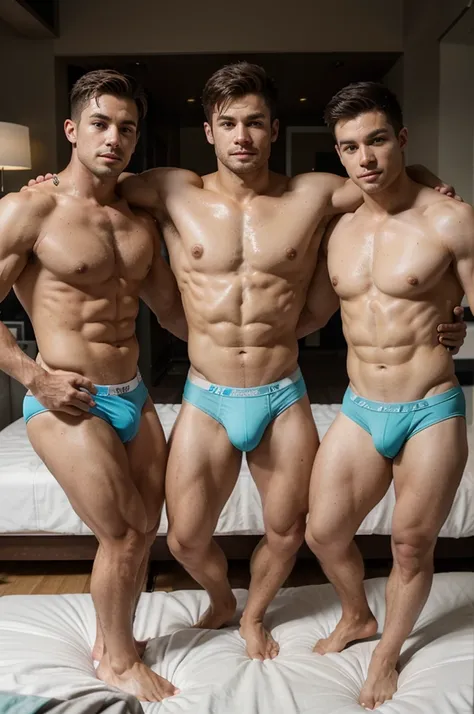 Trio White men of Colombian appearance with a muscular and defined body with marked pectorals, marked abdomen, large legs, a large bulge and sweaty skin wearing aquamarine thongs and matching croptops posing on the bed of a minimalist hotel