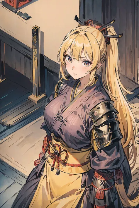 Samuraigirl, a yellow haired , wearing a black samurai armor, long hair, fasion hair, samurai armor, slim body, shirt ornament, hakama, tall 165cm, 22yearold, samurai, katana, female, beautiful, sexy, vilian face, use 2 katana