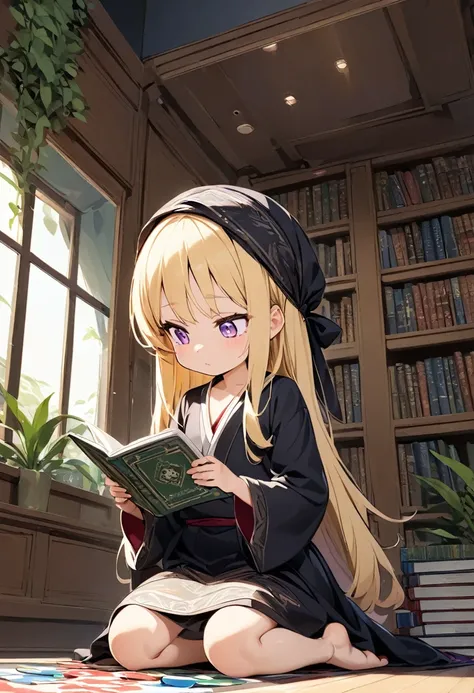 blonde，Long hair，Wears a headband on his head，Purple Eyes，Wearing black traditional dress，flat chest，little girl，Background Large Library，Kneeling，Reading，Poker face，plant，window