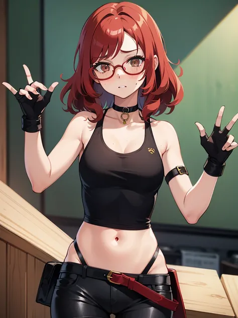 1 girl, Red hair, blushing, medium length hair, curly hair, freckles, mad face, circle glasses, -yellow glasses-, brown eyes,   body shape, fighter, small breasts, black choker, fingercut gloves, tank top