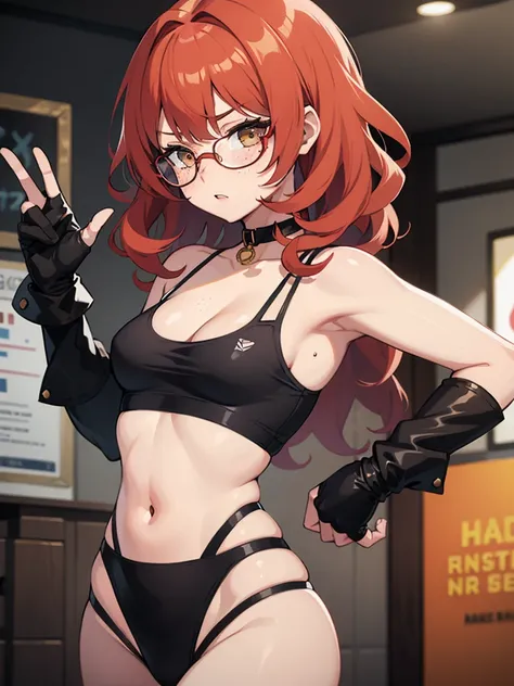 1 girl, Red hair, blushing, medium length hair, curly hair, freckles, mad face, circle glasses, -yellow glasses-, brown eyes,   body shape, fighter, small breasts, black choker, fingercut gloves, tank top