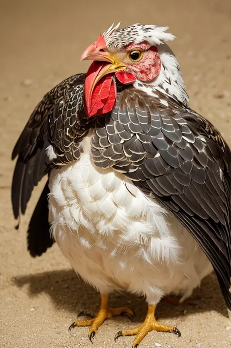 Covered in scales instead of feathers、Instead of wings, it has arms、A chicken with whiskers instead of a beak or whiskers.