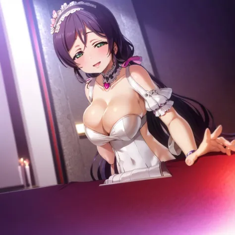 erotic、Nozomi Tojo、White headband、Big Breasts、Shiny light blue sequin dress、Dimly lit pink love hotel、smile、lightly open-mouthed、Evil Female Executives、Adult、Married women、Hunchback、Angle from below