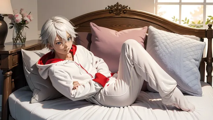 an anime image of a small boy with white hair wearing a thick diaper underneath fox hoodie-footie pjs, hoodie-footie pjs, (pampe...