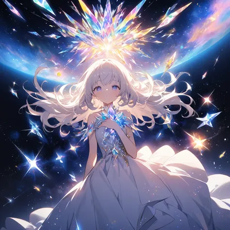 the crystal girl curled up in the center of the picture，surrounded by space and stardust