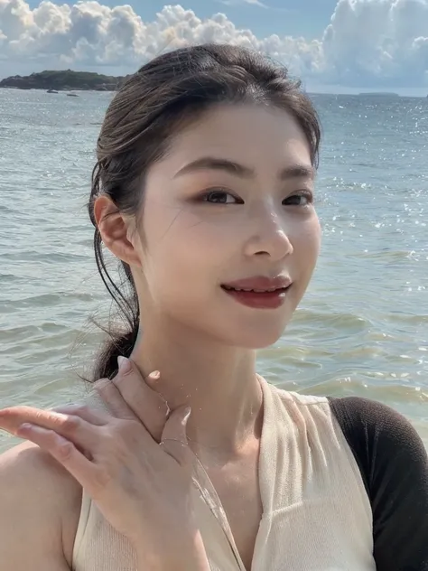 8k，HD，photo，Japanese and Korean girls in the beautiful sea in summer，Surfing while standing on a surfboard，graceful posture，Eyes to the camera，fit，Delicate, fair and delicate skin，Have fresh and neat short hair，makeup，The focus of the picture is to show th...