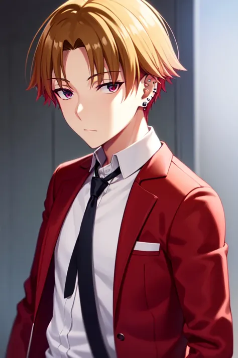 masterpiece, best quality, 1boy, upper body, necktie, (black ear piercing), simple backround, blonde hair, expressionless, short...