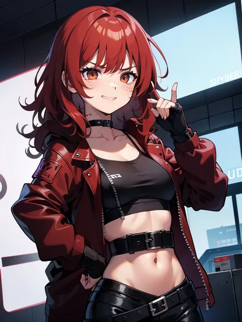 1 girl, Red hair, blushing, medium length hair, curly hair, freckles, angry smile, brown eyes,   body shape, fighter, small breasts, black choker, fingercut gloves, cropped top, cyberpunk jacket