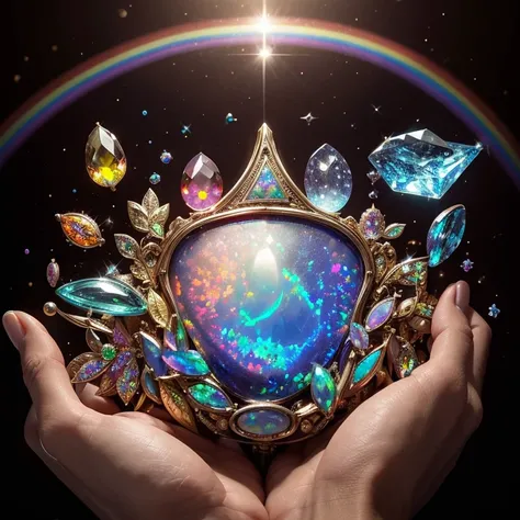 high resolution、masterpiece, Focus on the complex rainbow colored opal、Cabochon Cut、Artifact,Mana flows、 treasure, from magic the gathering、Desert Cave,Mechanical hands scooping up jewels