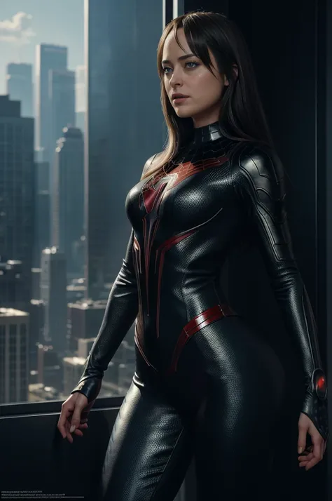 Highly detailed RAW photo of Dakota Johnson wearing spider woman costume standing on a tall skyscraper, dynamic pose, (wide hips), (detailed ), (detailed lips), (detailed eyes), (Sci-Fi setting) (detailed face), (curvy), detailed eyes, depth of field, soft...