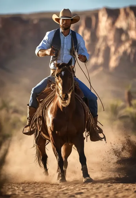 1 cowboy, rodeo, western, cowgirl, cowboy hat, lasso, horse, ranch, sunset, desert, action pose, detailed face, (best quality,4k...