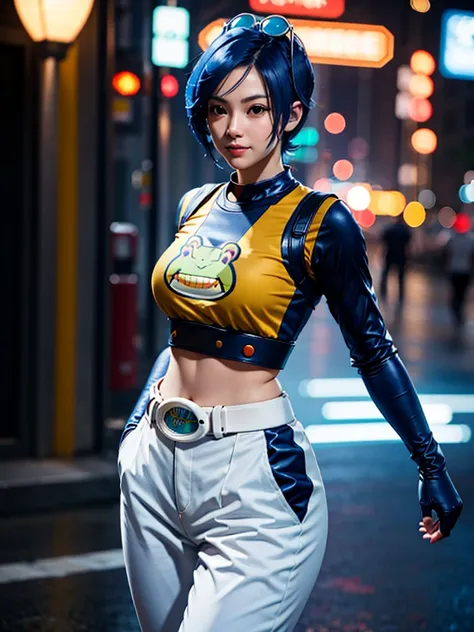 (at night), in a video game scene, a background of a beautiful city during the day raining, standing at attention, semi-short blue hair, blouse with an anime frog face, white flared pants, wearing blue fingerless exercise gloves, has round goggles on her h...