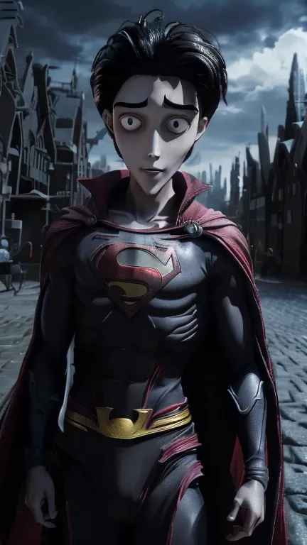 (8k),(masterpiece),(Japanese),(18-year-old male),((innocent look)),((mature)),From the front,smile,cute,Innocent,Kind eyes,Flat chest, DC Superman superhero,red cape,short,Hair blowing in the wind,Black Hair,Strong wind,midnight,dark,gothichorrorai Gotham ...