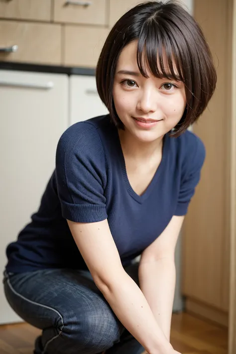 Top quality, 1 beautiful woman, super short Hair, shy-smile, Crouching