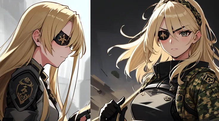 A strikingly alluring female warrior with flowing blonde hair, piercing brown eyes, and a sleek black eye patch covering her right eye, clad in intricately detailed camouflage military attire. This vibrant character portrait exudes a sense of strength and ...