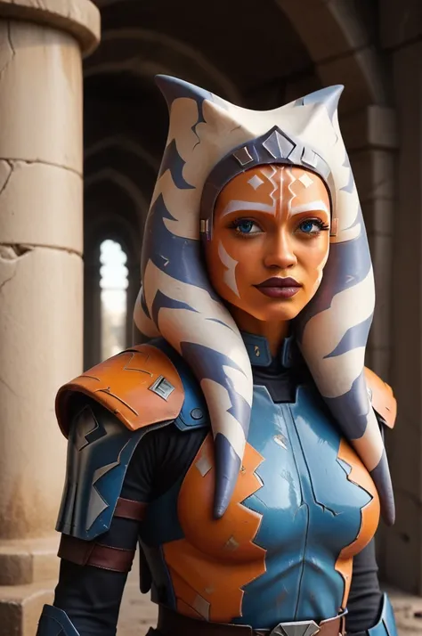 a ((fall body)) ((ahsoka))) (()) (())mandalorian,walking on snow coverd ruins , ((green fire eyes )) , beautiful detailed eyes, ...