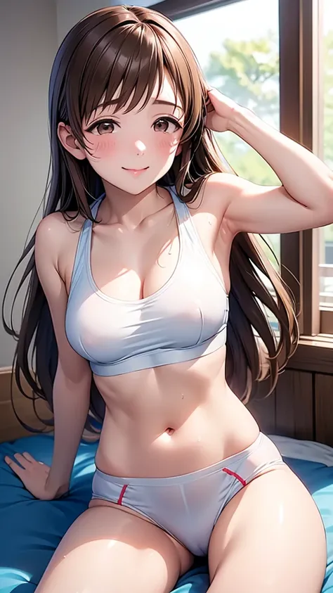 Highest quality、high resolution、High definition、HD、sports gym、(Nitta Minami、Long Hair、Medium chest、Brown Hair、Brown eyes、Glossy lips、virgin、Glowing Skin、Realistic skin texture、Plain white sports bra、White skin-tight shortassive sweat stains in the crotch、S...