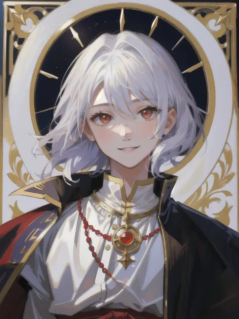 12 years old boy with white hair and red eyes, smile face, young face, only focus on body and face, calm demeanor, hide hands, medival outfit, renaisans era.