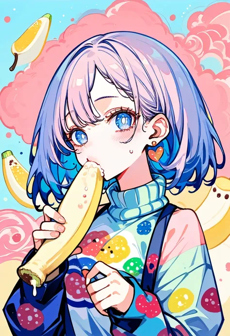 (masterpiece, best quality: 1.2),Barbie doll,，colloid， Sexy eyes，Expression of kiss，Wet pink and white sexy lips， colloid皮肤，full image，earrings（（Watercolor pattern sweater））eating banana，full-body shot