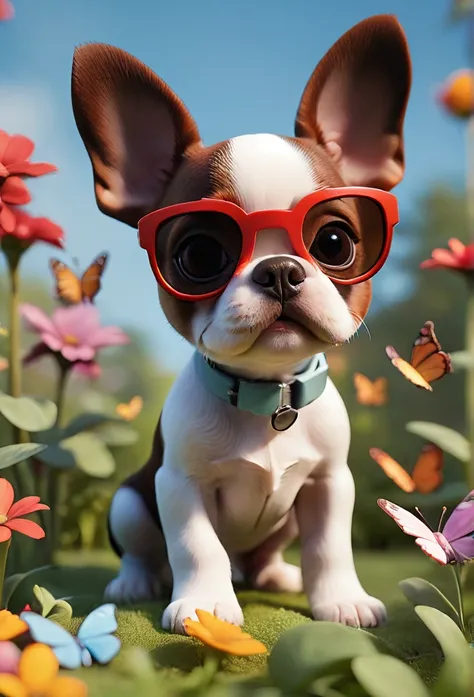 adorable small red boston terrior puppy playing at park wearing sunglasses playing at park butterflies and flowers in background...