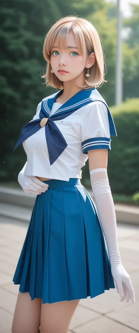 close up, 1 girl, sailor, Tsukino Usagi, (sailor chiseki uniform:1.2), (Aqua eyes:0.9), Blonde Hair, Medium Length Hair, Wedge Skirt, best quality, earrings, masterpiece, high resolution, Intricate details, (Practical)), photography, (White elbow gloves:1....