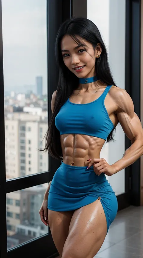 (Muscular:2.2), (thick thighs:2.2),
(asian female:1.5), (pale skin:1.4), (long black hair:1.6), (big smile:1.7), long hair, (blue eyes),
(stud earrings, lipstick, eyeshadow:1.2),
(hard nipples:1.2),
choker, (blue sundress, midriff:2), 
looking at viewer, (...