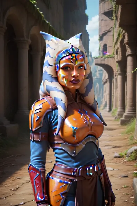 a ((fall body)) ((Ahsoka))) (()) (())mandalorian,walking on snow coverd ruins , ((green fire eyes )) , beautiful detailed eyes, beautiful detailed lips, extremely detailed face, long eyelashes, mandalorian armor, sci-fi, cinematic lighting, dramatic, epic,...