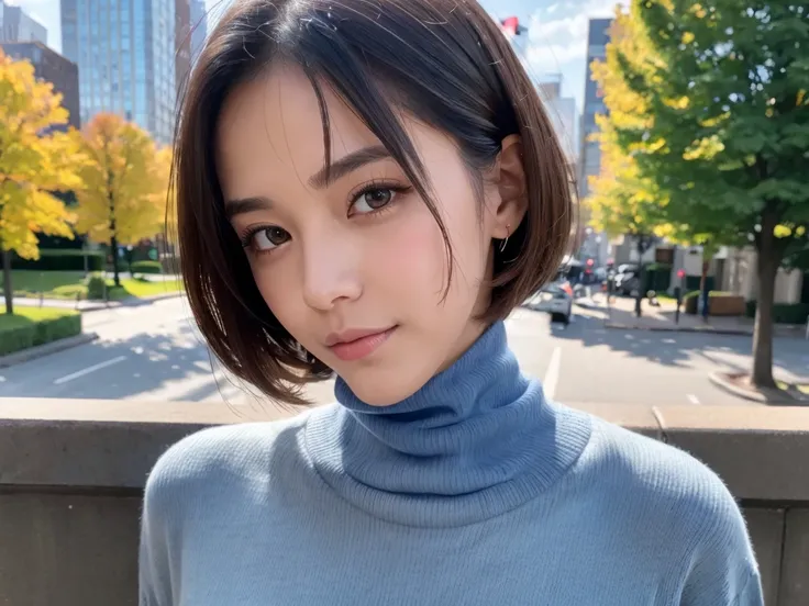 (((masterpiece, best quality,ultra-detailed,8k,high resolution))), (upper body),24 years old , 1girl, short hair, (((Cover half face with a turtleneck sweater)))