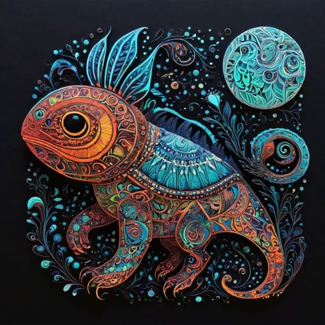 Create a visually stunning and captivating representation of never-before-seen magical creatures from Mars. These creatures are both cute and dark, with a unique bioluminescent quality. The design should incorporate elements of zentangle art, with intricat...