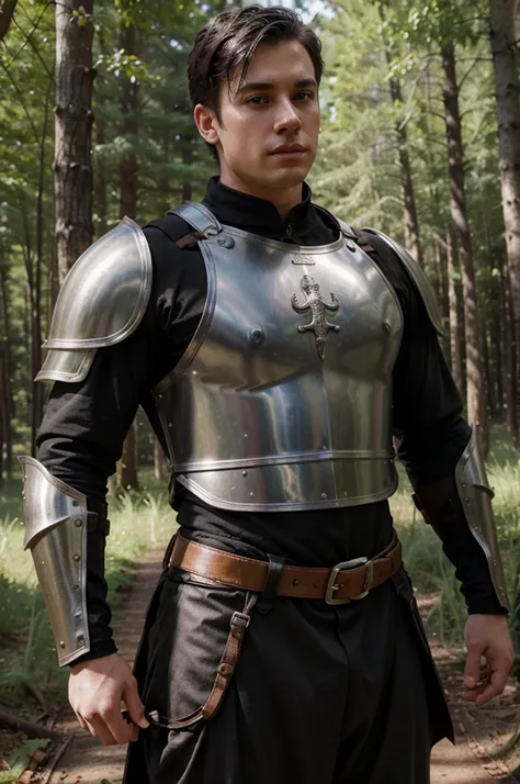 young white man,Brown eyes,extra short black hair,something muscular,medieval armor,forest