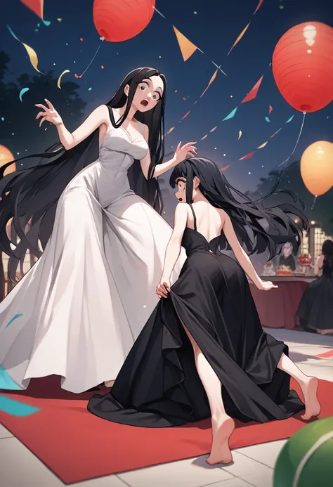 score_9, score_8_up, score_7_up, score_6_up, score_5_up, score_4_up, (source_anime), 2girls, (( white woman, long black hair, Long black dress, Long dress)), Low Illumination, party, horny, Surprise, night, A girl hiden under the dress, Bottom-up view, yur...