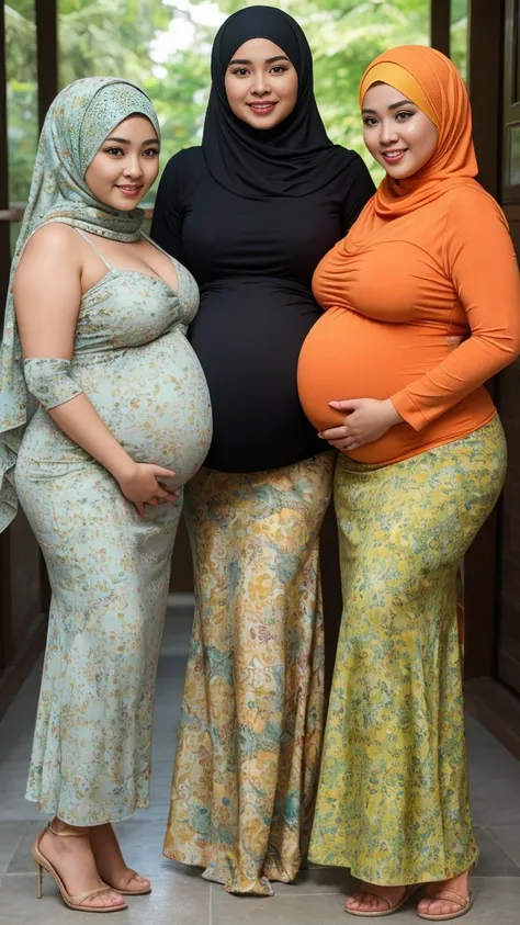 3beautiful women,pregnant, smile,hijab, ,eropan,cina,curve body,sexy model,curve model,bbw body,big body,shap body ,thick body,pake sarong dress ,kuning,hijau,biru,ungu,pingk,merah,orange abu sedang di sungai