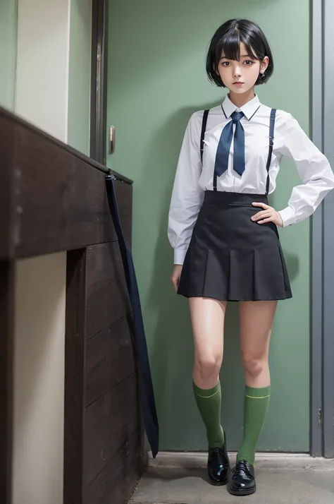 , short hair, blue ribbon on head, black hair, mini skirt, brown shoes, black socks, black uniform, white dress shirt, green tie