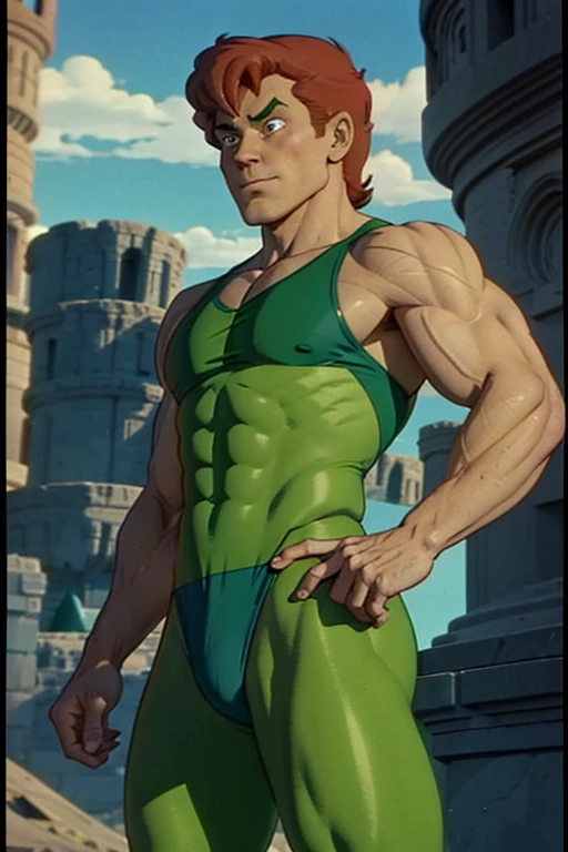 a redhead cartoon character dressed in a green leotard, very muscular, a young male wizard, 1980s cartoon, animated episode still, Presto (((mad)))