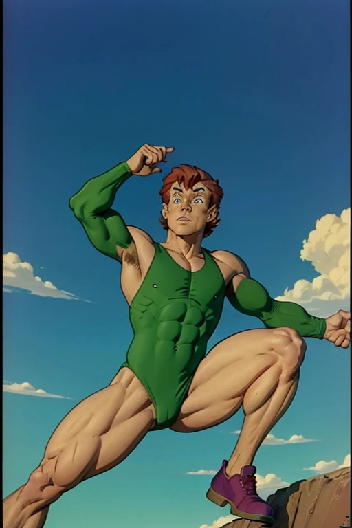 a redhead cartoon character dressed in a green leotard, very muscular, a young male wizard, 1980s cartoon, animated episode still, Presto (((mad)))