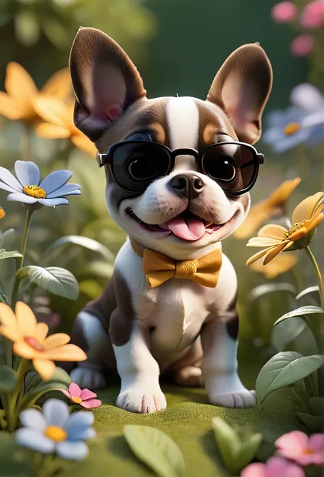 adorable small tan boston terrior puppy playing wearing sunglasses playing at park butterflies and flowers in background 3d pixa...