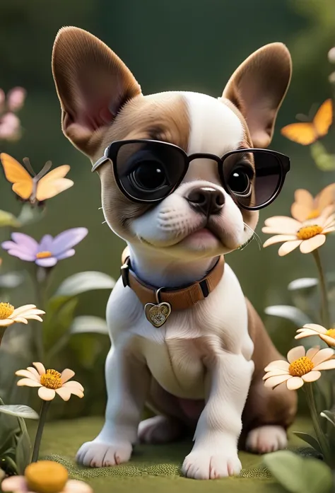 adorable small tan boston terrior puppy playing wearing sunglasses playing at park butterflies and flowers in background 3d pixa...