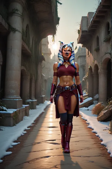 a ((fall body)) ((ahsoka))) (()) (())mandalorian,walking on snow coverd ruins , ((green fire eyes )) , beautiful detailed eyes, ...