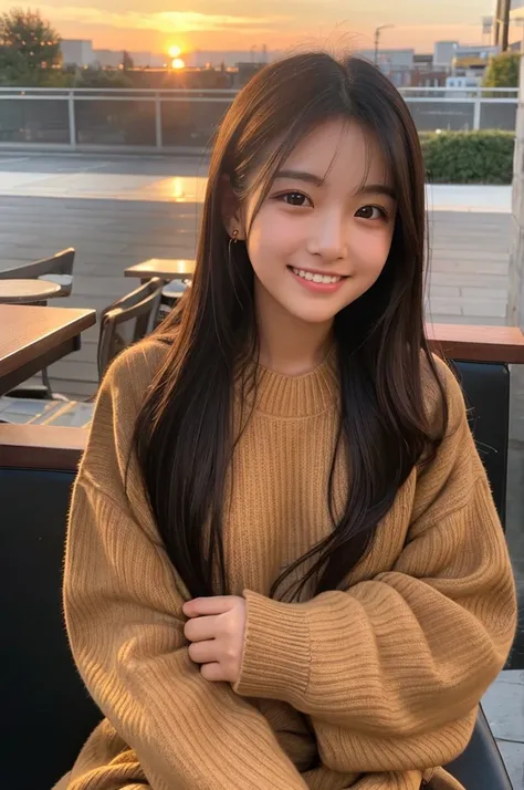 He is wearing a brown sweater and sitting in a cafe drinking coffee、A cute girl with long black straight hair, brown eyes and a round face, sunset, Smiling with no bangs and showing teeth, Holding a poodle puppy in her arms