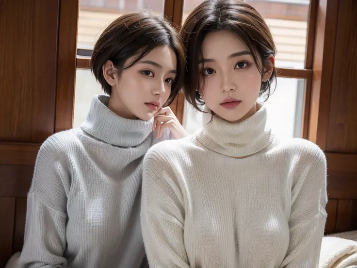 (((masterpiece, best quality,ultra-detailed,8k,high resolution))), (upper body),24 years old ,Japanese girl, 1girl, short hair, (((Cover half face with a turtleneck sweater)))