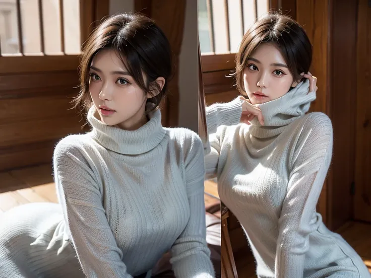 (((masterpiece, best quality,ultra-detailed,8k,high resolution))), (upper body),24 years old ,Japanese girl, 1girl, short hair, (((Cover half face with a turtleneck sweater)))