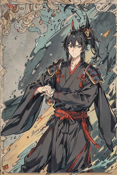 Ninja male, a black haired , wearing a black ninja armor, long hair, fasion hair, samurai armor, slim body, shirt ornament, hakama, tall 180cm, 18yearold, samurai, katana, male, handsome,  earing, smiley facr