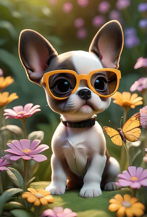 adorable small tan boston terrior puppy wearing sunglasses playing at park butterflies and flowers in background 3d pixar style