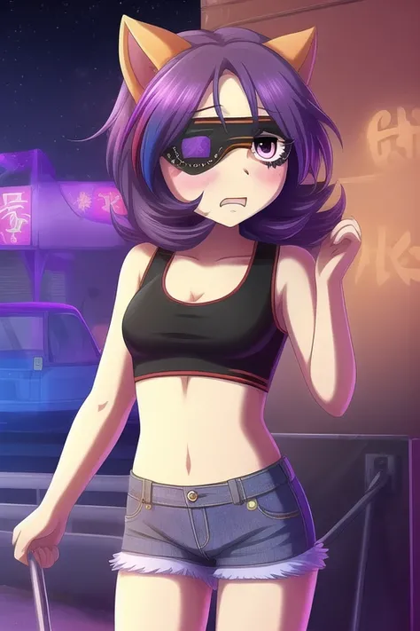 Hayasaka Mirei,purple hair,multicolored hair,fang,brown eyes,short hair,eyepatch,Tank top,Denim shorts,shorts rolled,tummy,blush, embarrassed,shocked,medium breasts